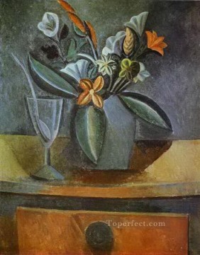  gray - Flowers in a Gray Jug and Wine Glass with Spoon 1908 Pablo Picasso